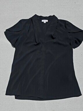 Calvin Klien Womens Flowy Black V-Neck Blouse Short Petal Sleeve Size Medium